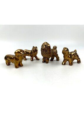 4 Miniature Gold Lusterware Dog Figurines Poodle Dachshund Collie Cocker Spaniel